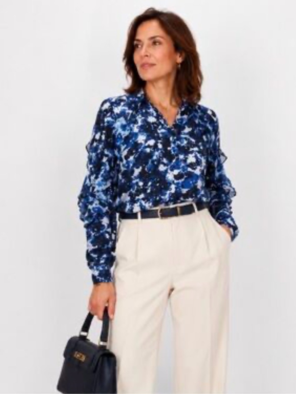 Ralph Lauren Blue Abstract Print Long-Sleeve Ruffled Blouse